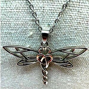 Stainless Steel Dragonfly Pendant Necklace With Heart Knot Details.  B59